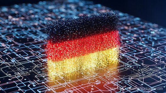 vbob aktuell Modernisierungsagenda - Klares Bekenntnis der Bundesregierung fehlt / Digitale deutsche Flagge mit leuchtenden Partikeln vor einem Hintergrund aus Leiterplatten