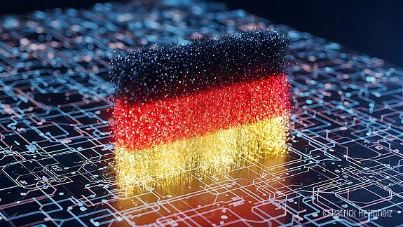 vbob aktuell Modernisierungsagenda - Klares Bekenntnis der Bundesregierung fehlt / Digitale deutsche Flagge mit leuchtenden Partikeln vor einem Hintergrund aus Leiterplatten